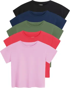 Real Essentials 5 Pack: Women's Dry Fit Crop Top - Short Sleeve Crew Neck Stretch Athletic Tee (Available in Plus Size)
