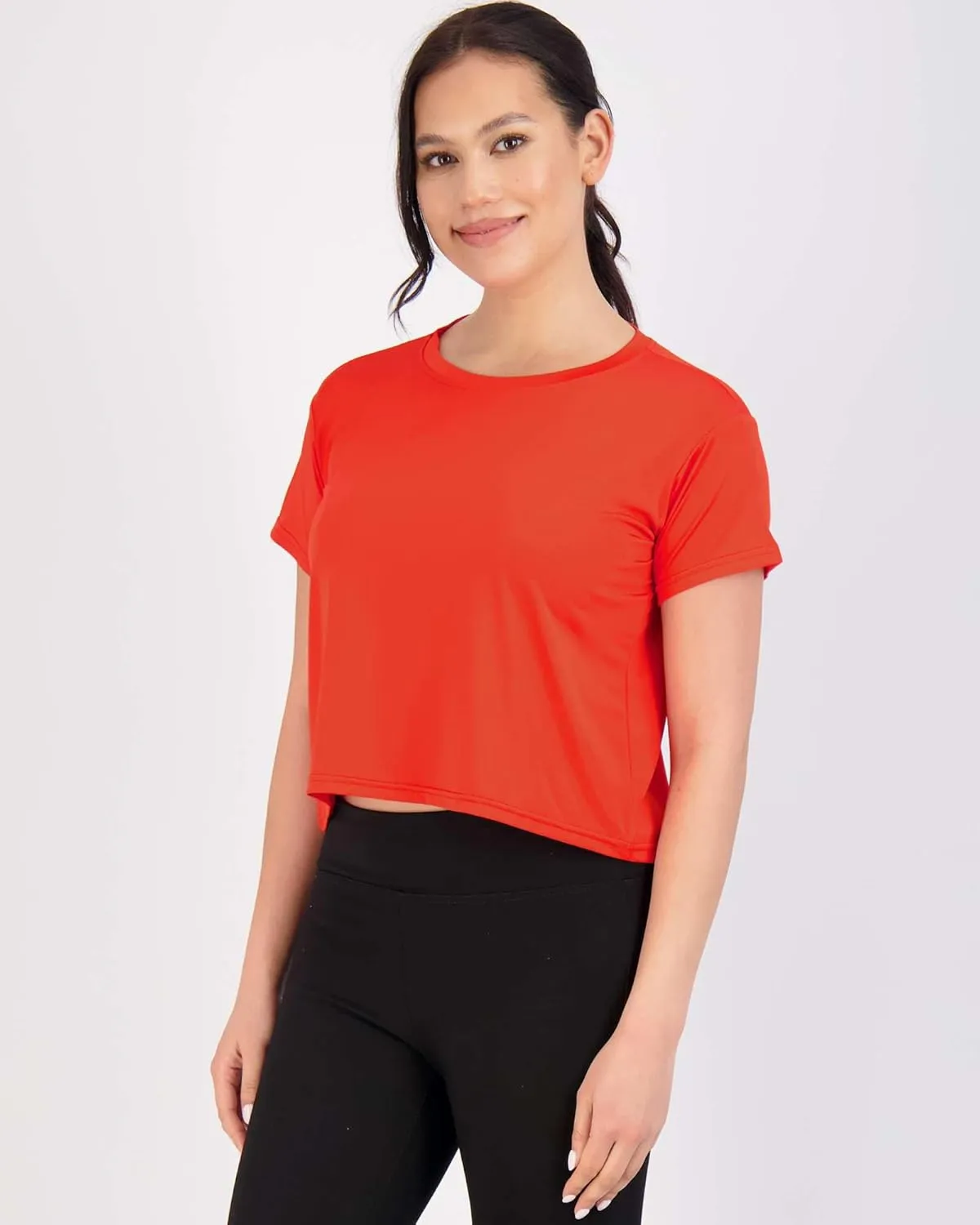 Real Essentials 5 Pack: Women's Dry Fit Crop Top - Short Sleeve Crew Neck Stretch Athletic Tee (Available in Plus Size)