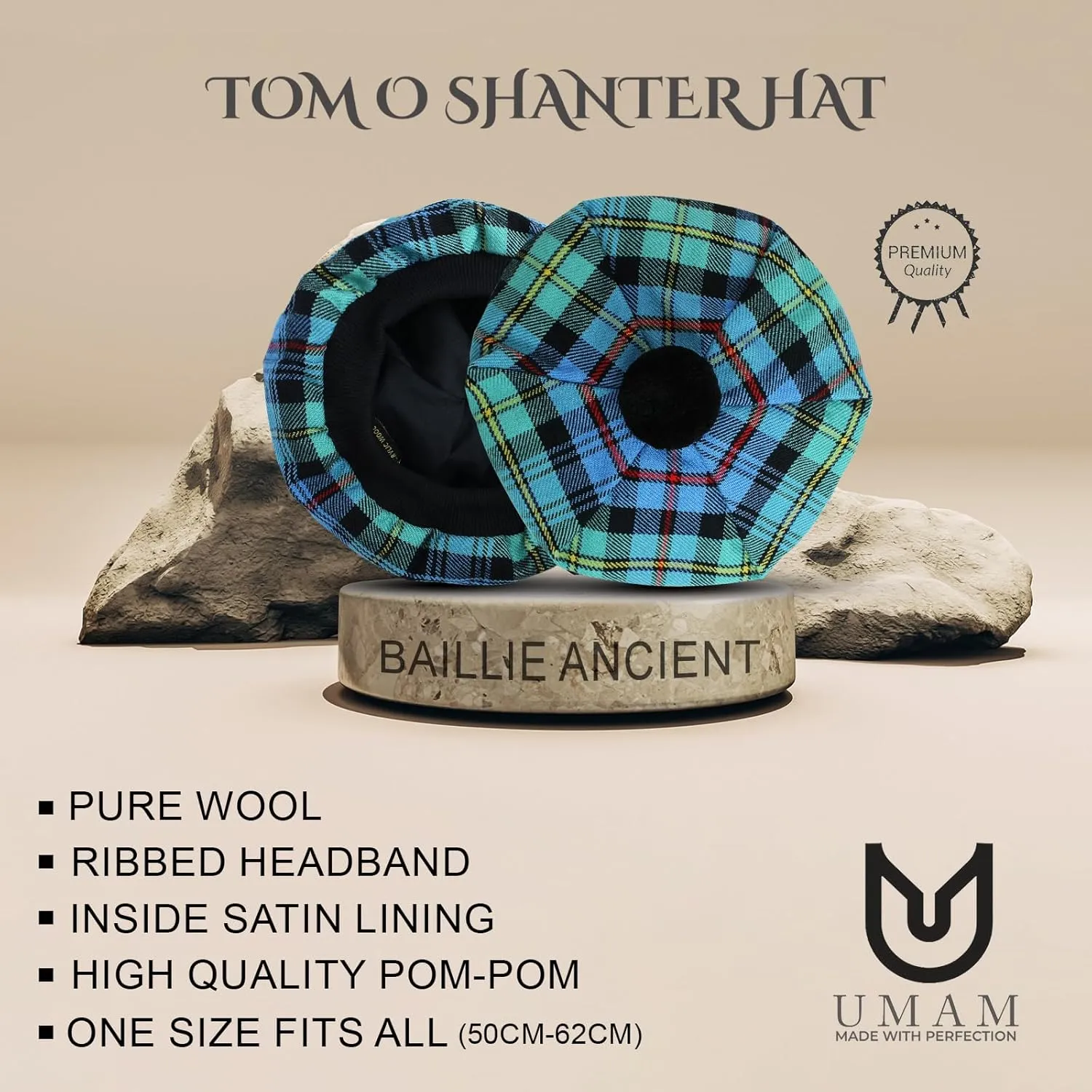 Scottish Traditional Tam o' Shatner Acrylic Wool Tammy Hat Flat Bonnet Kilt Many Tartans