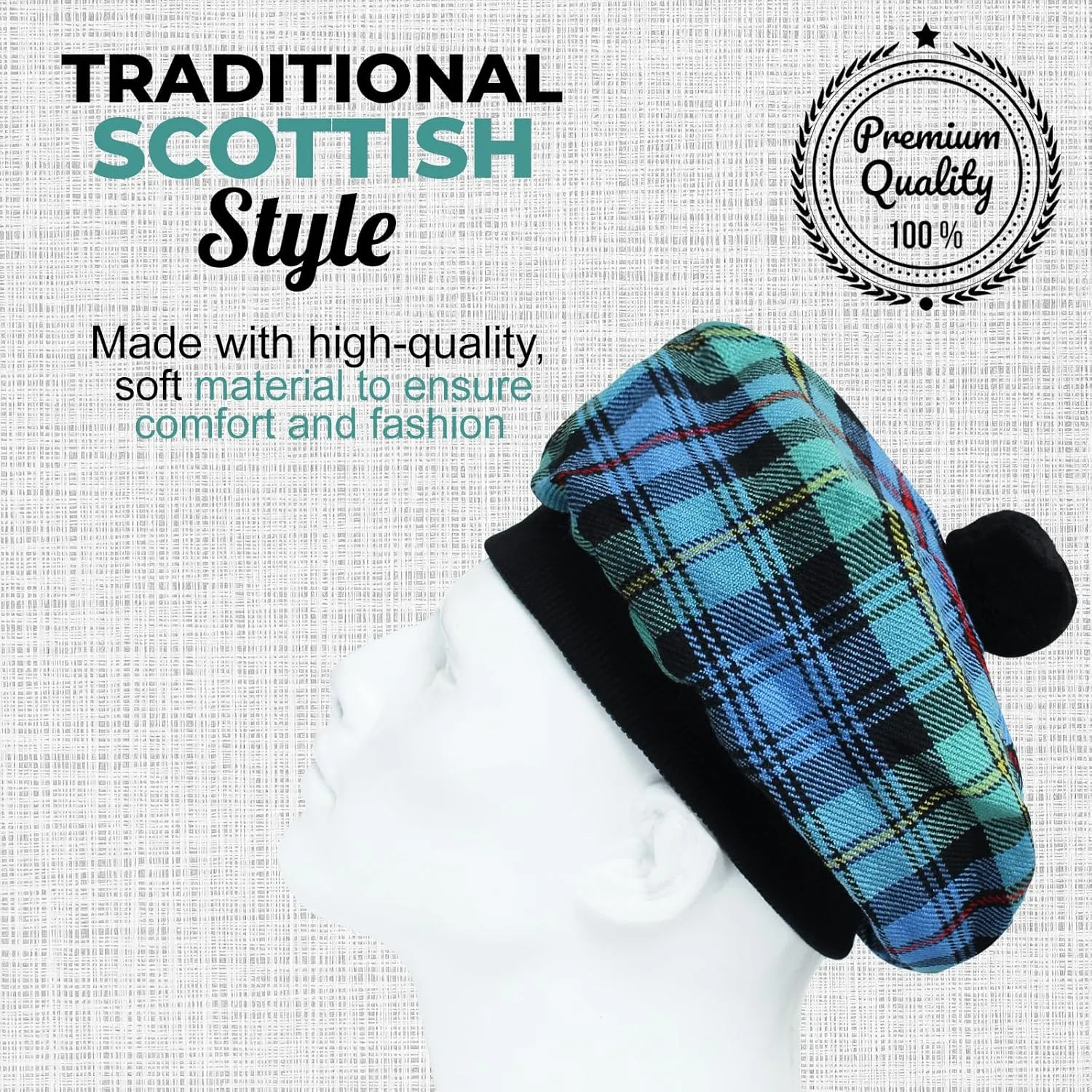 Scottish Traditional Tam o' Shatner Acrylic Wool Tammy Hat Flat Bonnet Kilt Many Tartans