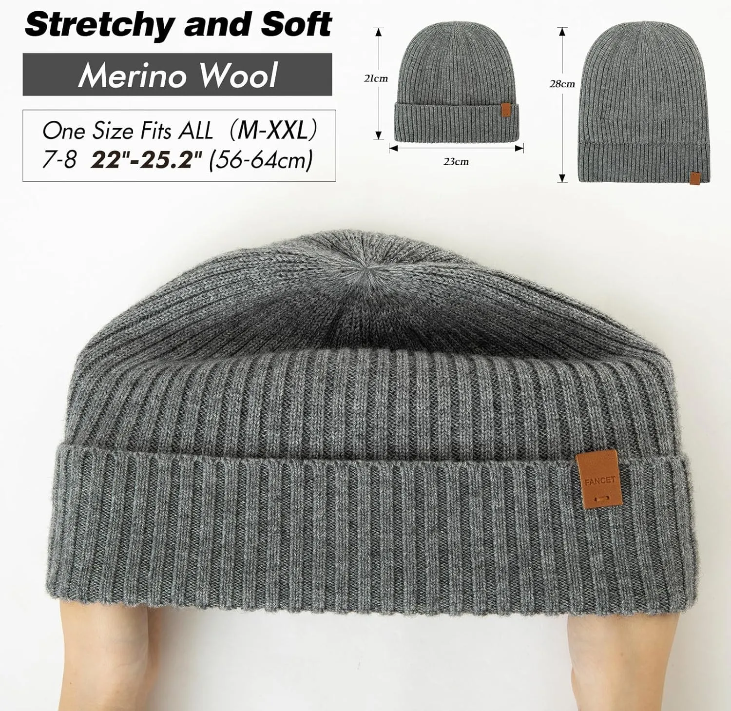 TOP-EX Oversized M L XL XXL 100% Merino Wool Beanie with Fleece Lining Cold Weather Winter Hat Big Head