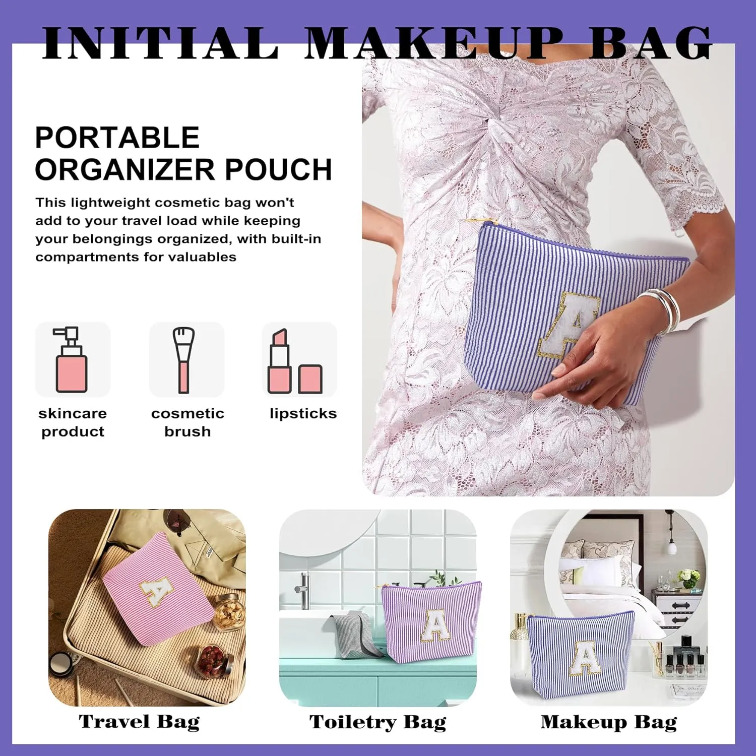 Travel Toiletry Bag Set for Women - Travel Essentials, Initial Travel Makeup Bag Organizer Small Cosmetic Bag for Purse Blue Stuff Gifts for Women Mom Girlfriend Teacher (Blue Letter K)