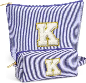 Travel Toiletry Bag Set for Women - Travel Essentials, Initial Travel Makeup Bag Organizer Small Cosmetic Bag for Purse Blue Stuff Gifts for Women Mom Girlfriend Teacher (Blue Letter K)