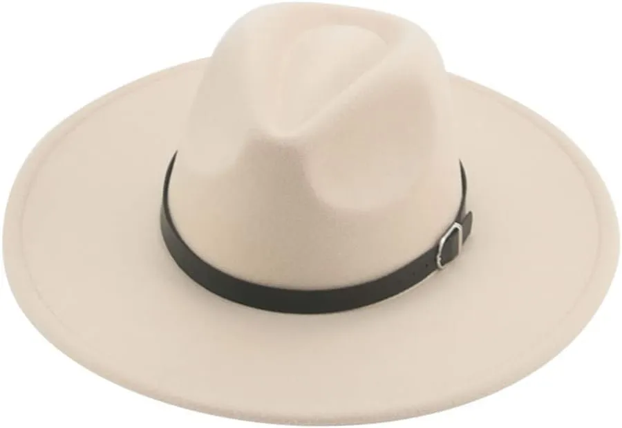 Vsadsau Women Men Felted Hat Fedoras Hats Big Brim Belt Caps Solid Formal Wedding Hat
