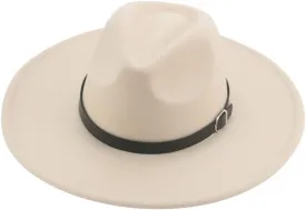 Vsadsau Women Men Felted Hat Fedoras Hats Big Brim Belt Caps Solid Formal Wedding Hat