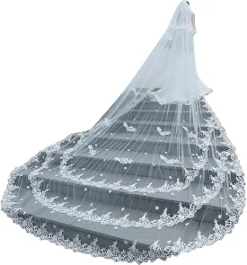 Wedding Veils Long for Brides 2 Tier Triple Lace Edge Long Blusher with Comb