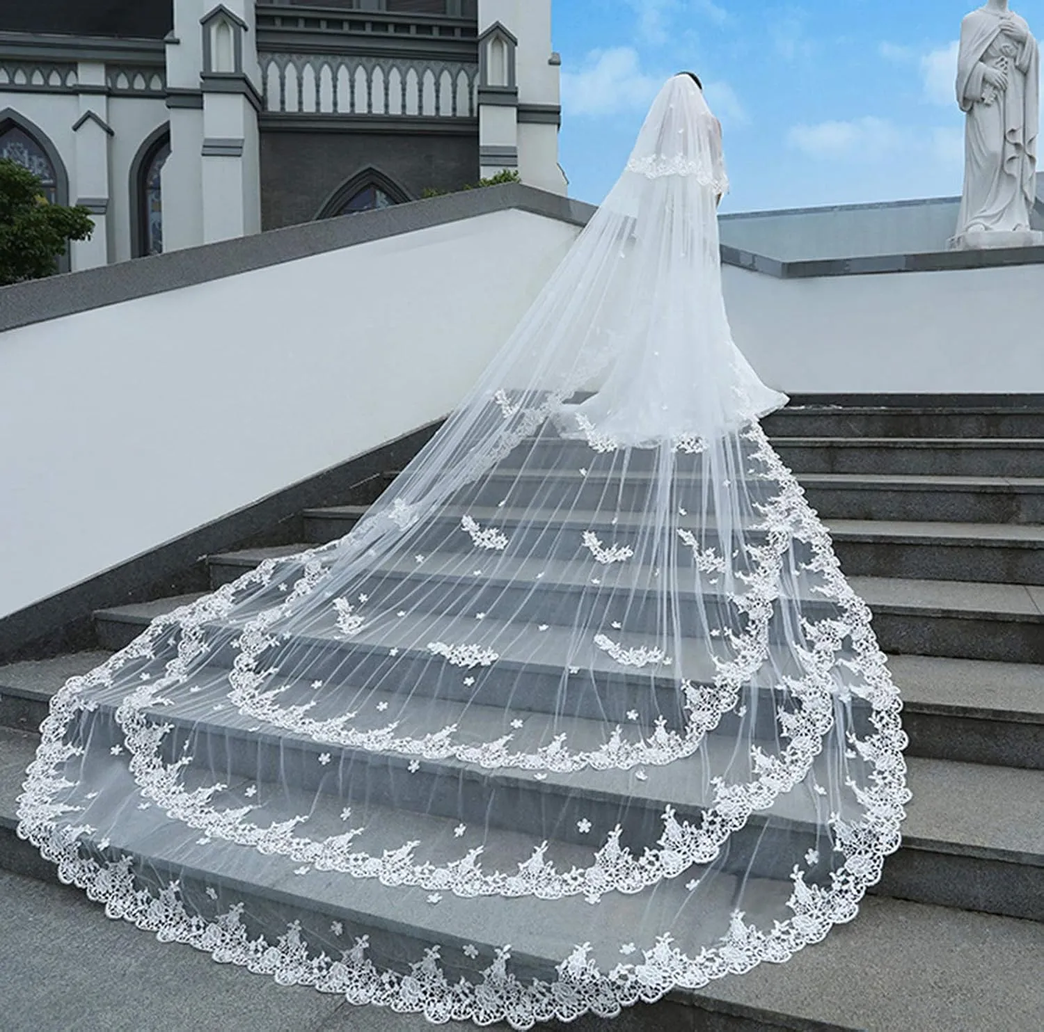 Wedding Veils Long for Brides 2 Tier Triple Lace Edge Long Blusher with Comb