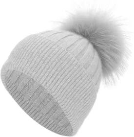 Womens Cashmere Winter Ribbed Knit Cuffed Beanie Hat with Real Fur Pom Pom Beanie Skull Cap Ski Hat