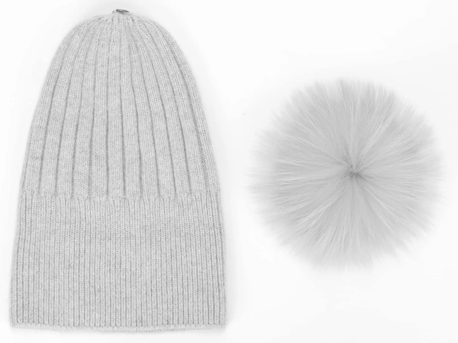 Womens Cashmere Winter Ribbed Knit Cuffed Beanie Hat with Real Fur Pom Pom Beanie Skull Cap Ski Hat