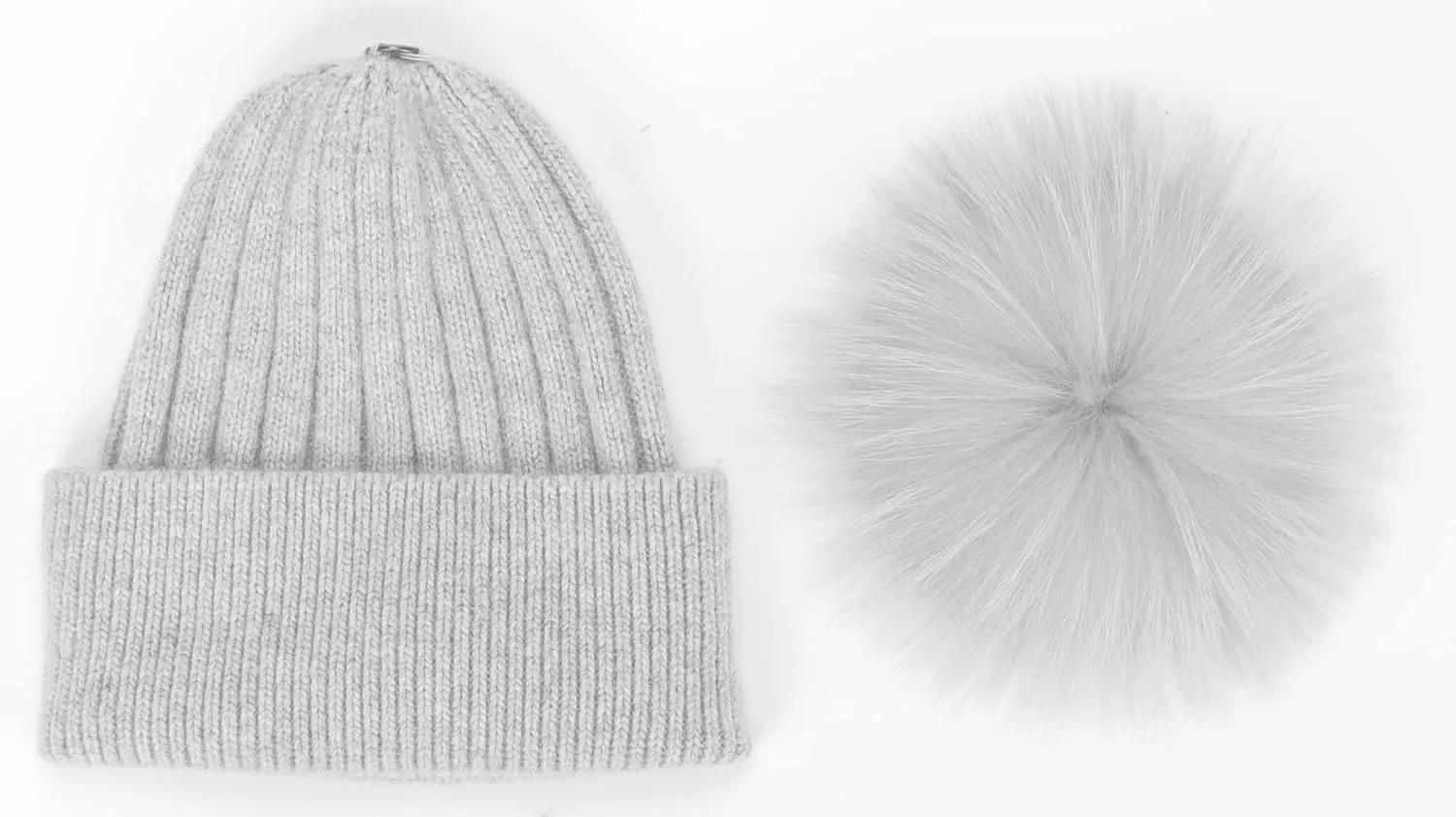 Womens Cashmere Winter Ribbed Knit Cuffed Beanie Hat with Real Fur Pom Pom Beanie Skull Cap Ski Hat