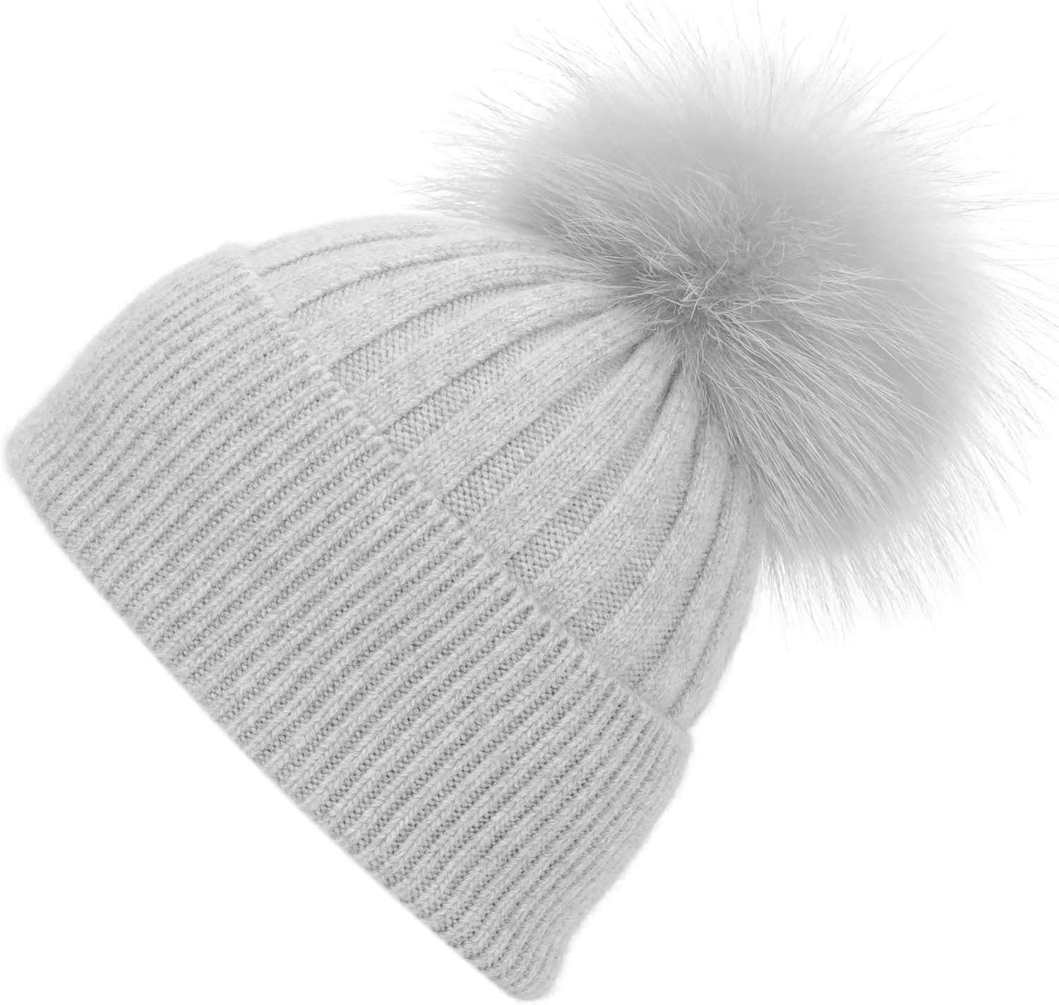 Womens Cashmere Winter Ribbed Knit Cuffed Beanie Hat with Real Fur Pom Pom Beanie Skull Cap Ski Hat