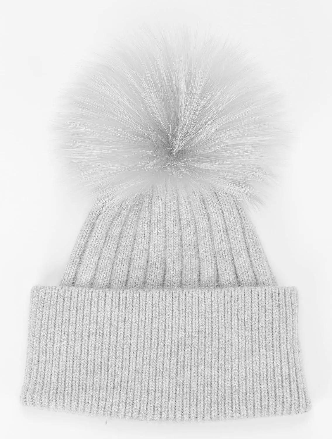 Womens Cashmere Winter Ribbed Knit Cuffed Beanie Hat with Real Fur Pom Pom Beanie Skull Cap Ski Hat