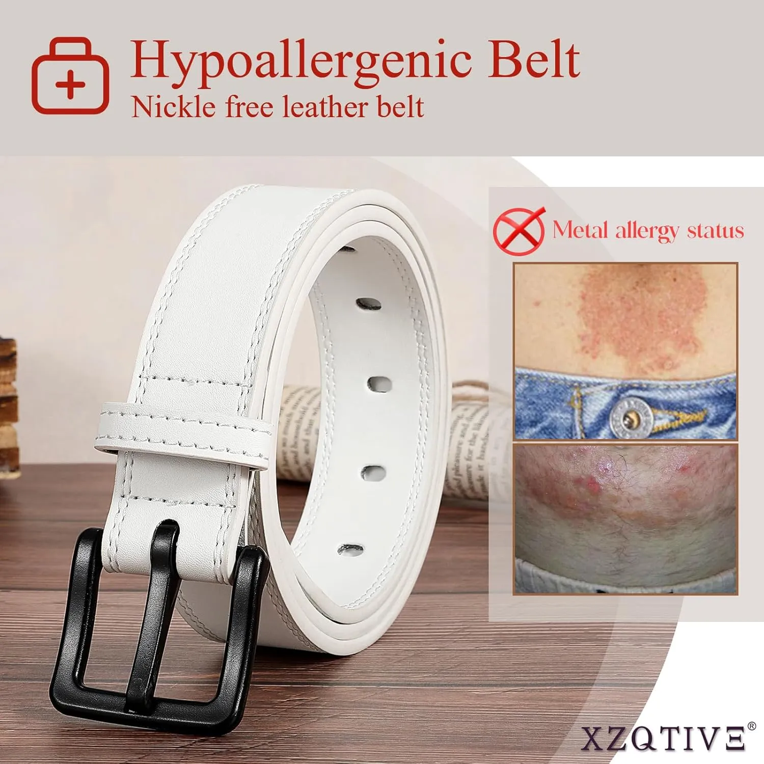 XZQTIVE Mens Metal Free Belt Hypoallergenic Leather Belts For Jeans Dress Nickle Free TSA Belt With Black Buckle